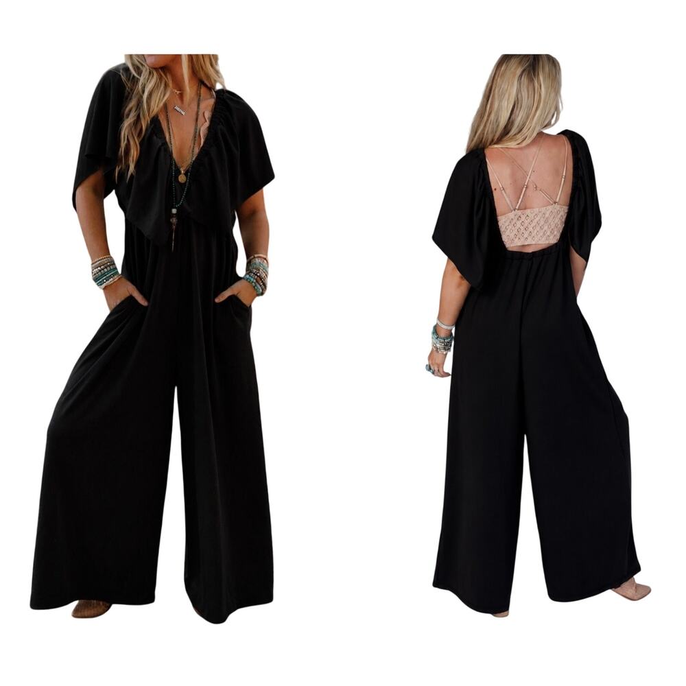 THREE BIRD NEST On Repeat Open Back Ruffle Jumpsuit Black - Sz M - NWT